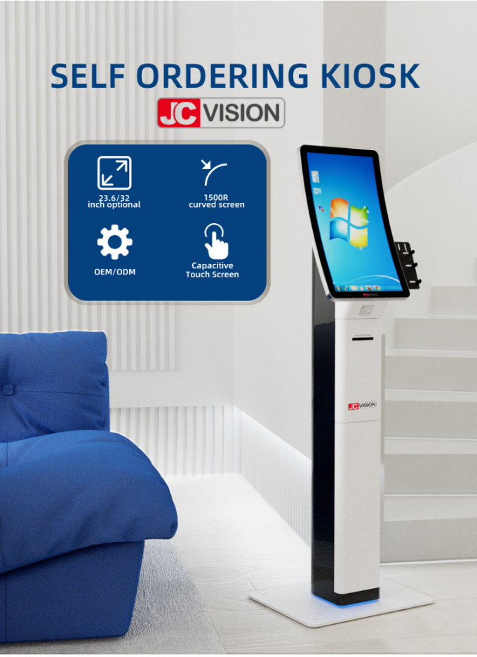 23.6 Inch Curved Self Service Touch Screen Kiosks Qr Code Scanner Printer 1
