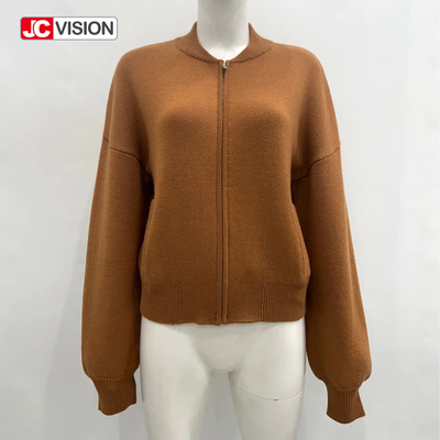 JCVISION Autumn Winter Brown V-Neck LongSleeve Zipper Women