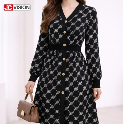 JCVISION Autumn and Winter Women's V-neck Knitted Dress Commuter Style