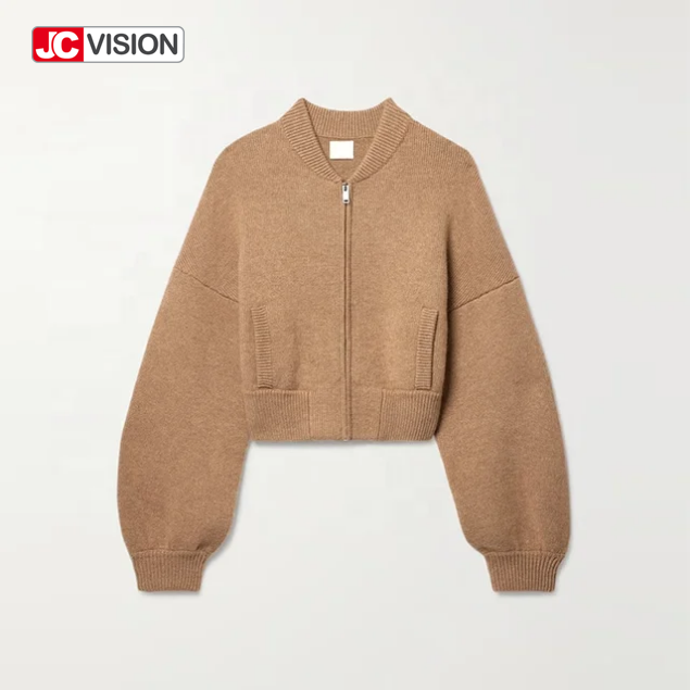 JCVISION Autumn Winter Brown V-Neck LongSleeve Zipper Women