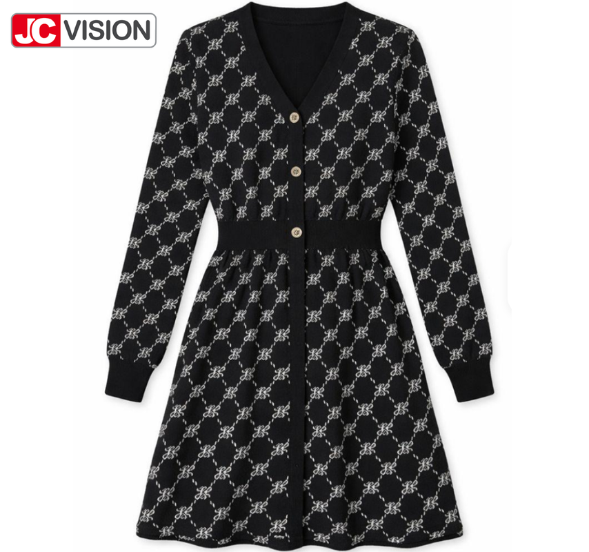 JCVISION Autumn and Winter Women's V-neck Knitted Dress Commuter Style